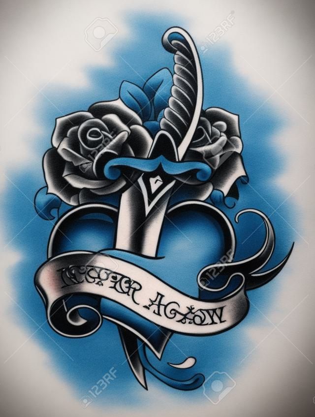 Old-school styled tattoo of a dagger through heart with blue roses on the background 
