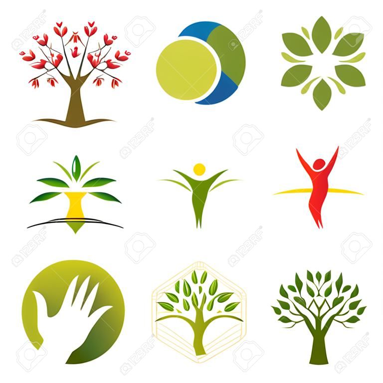 ロゴデザインの木の自然の葉と手のアイコンのセット