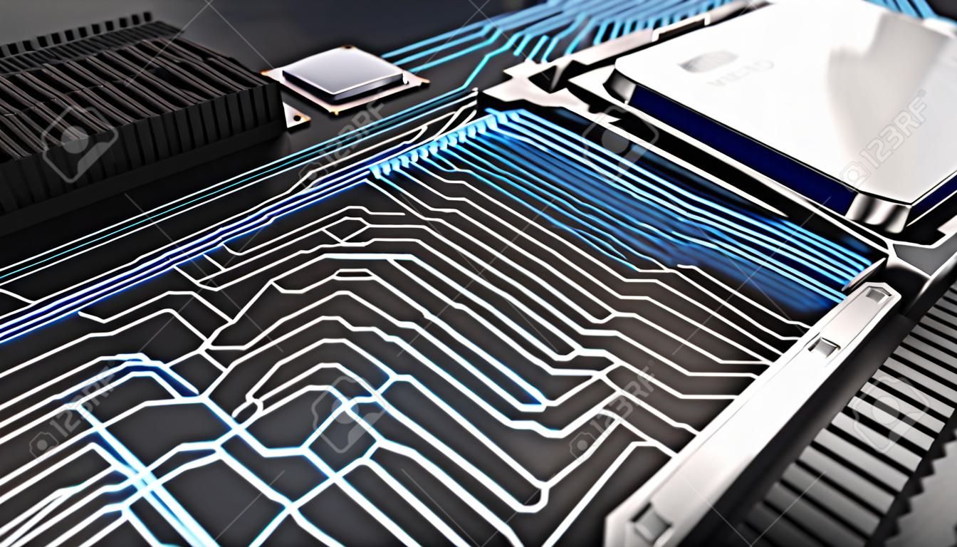 3d rendered illustration of macro view central processor unit on mainboard with shine lines