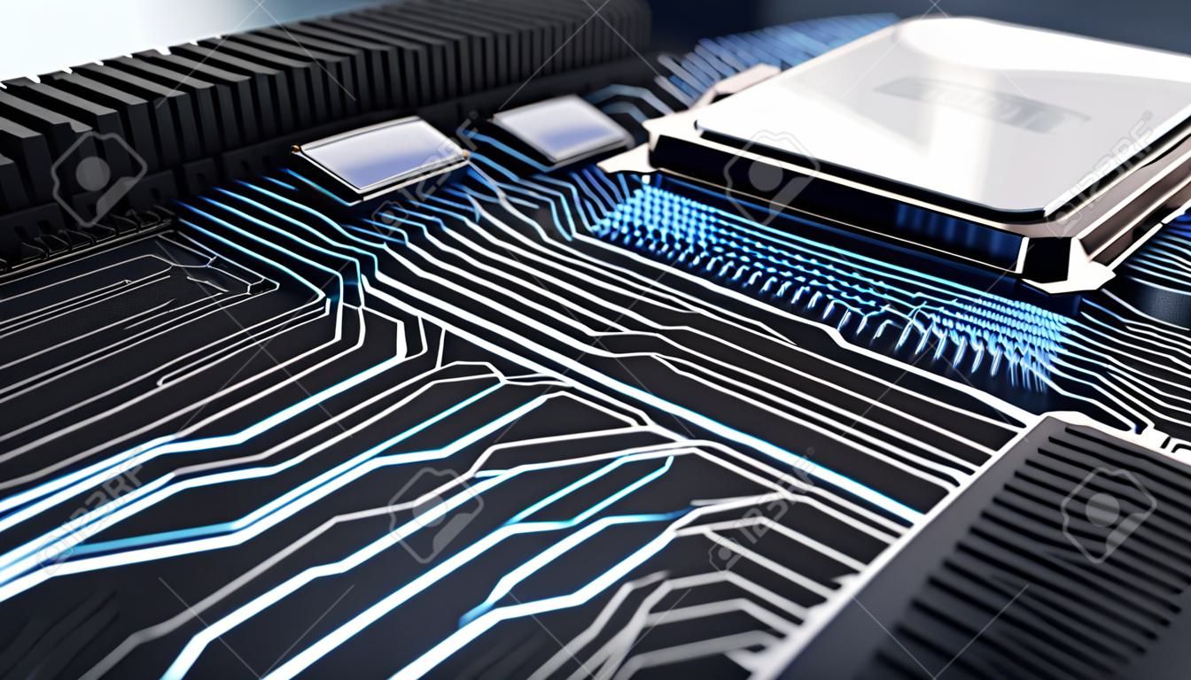 3d rendered illustration of macro view central processor unit on mainboard with shine lines