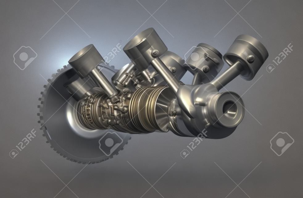 3d illustration of engine. Motor parts as crankshaft, pistons in motion
