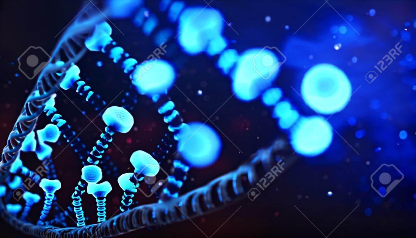 Um 3D particulado renderizou DNA em um fundo azul bokeh
