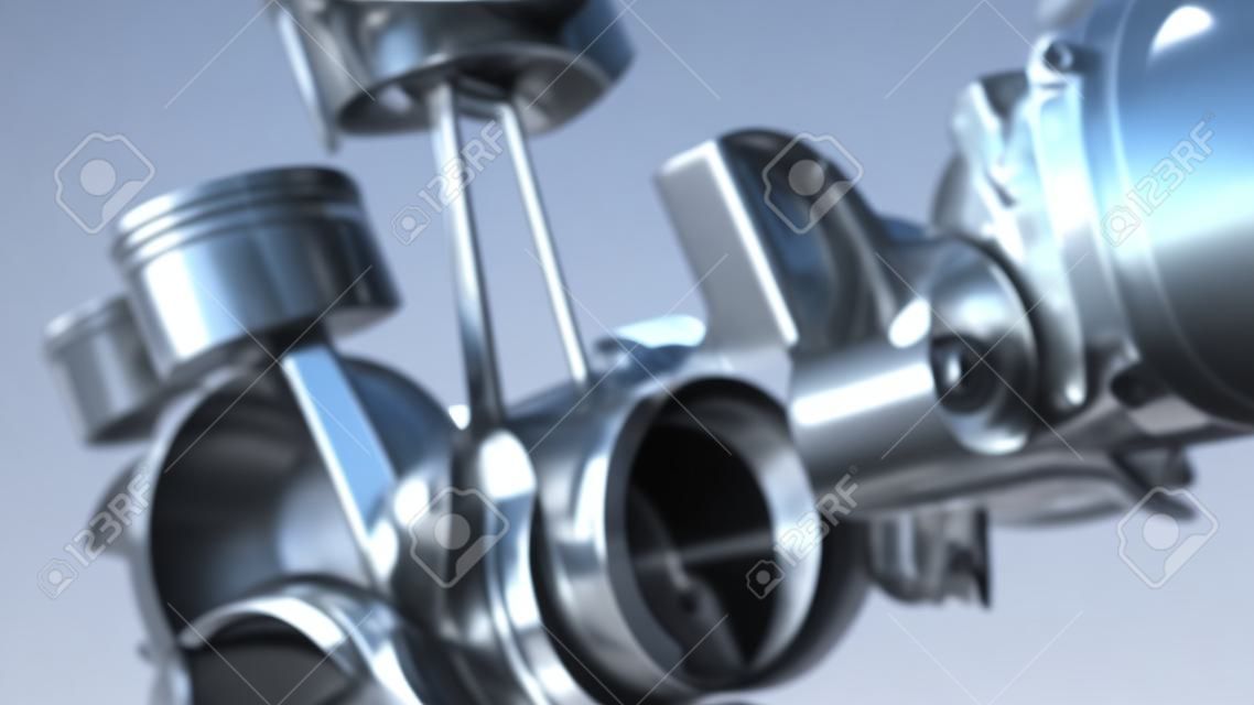 3D ilustracja koncepcji silnika samochodu nowoczesnego silnika pojazdu z metalowymi chromowanymi częściami przemysłu ciężkiego