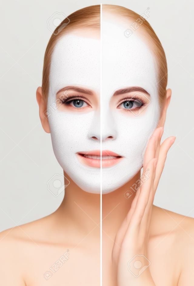 Fronte femminile, taglio nella pelle perfetta pulita a metà presente e acne, concetto di cura di pelle isolato su bianco.