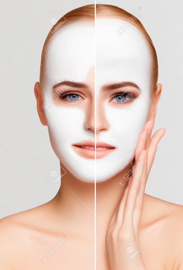 Fronte femminile, taglio nella pelle perfetta pulita a metà presente e acne, concetto di cura di pelle isolato su bianco.