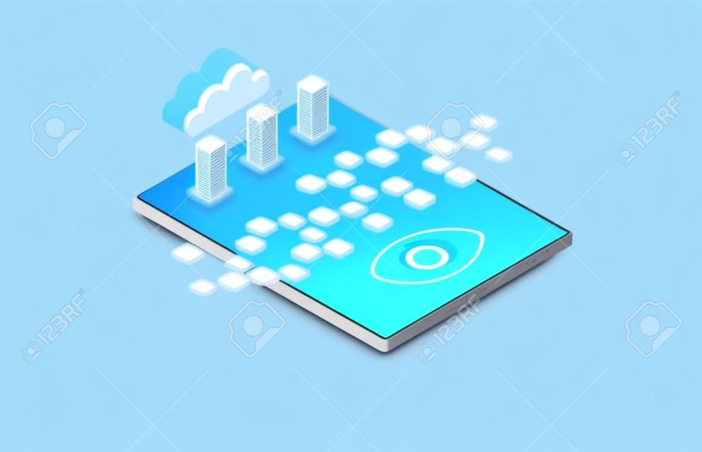 Observability and Monitoring Service Concept - Cloud-based SaaS Observability Platform - Applications and Microservices on Tablet with Servers and Digital Eye - 3D Isometric Illustration