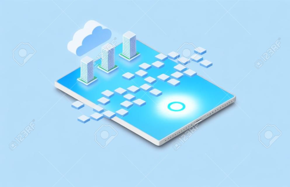 Observability and Monitoring Service Concept - Cloud-based SaaS Observability Platform - Applications and Microservices on Tablet with Servers and Digital Eye - 3D Isometrische Illustratie