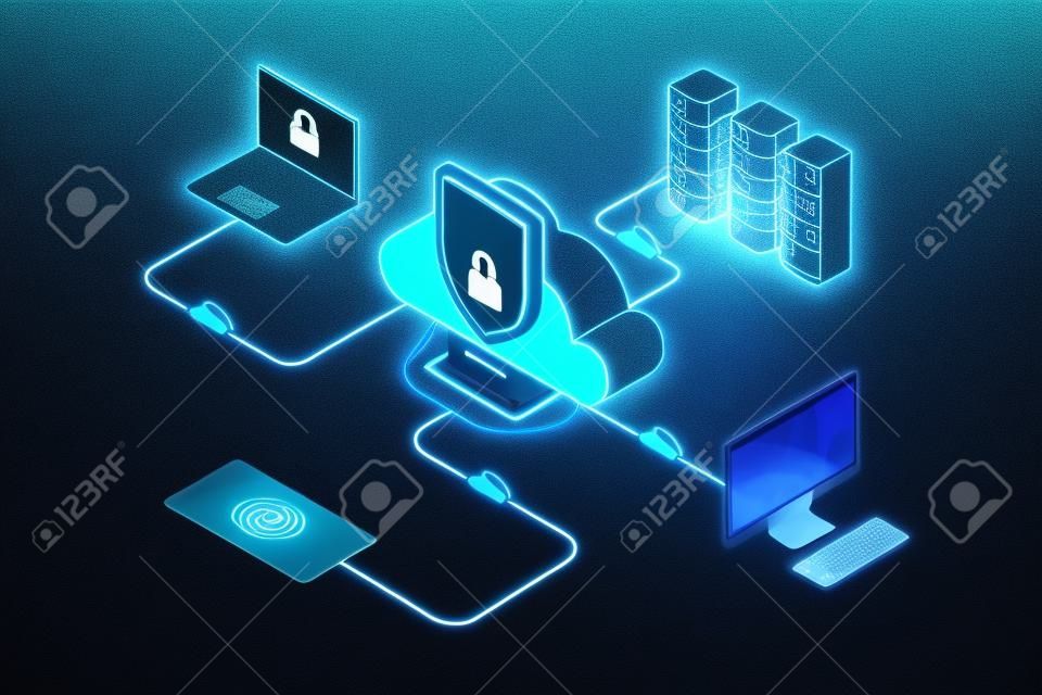 Cloud-based Cybersecurity Solutions Concept - Endpoint Protection - Devices Protected Within a Digital Network - 3D Illustration