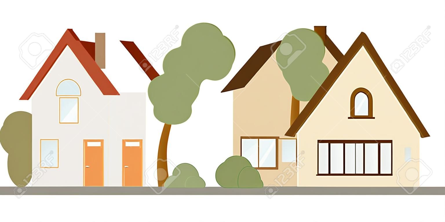 The image of two different private two-story houses on the same line. Vector illustration on white background