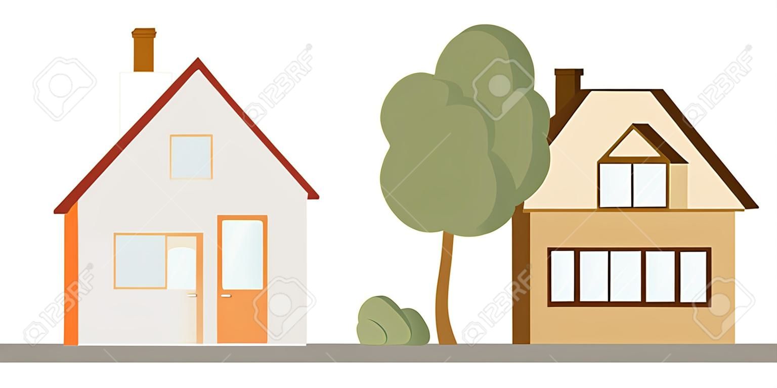 The image of two different private two-story houses on the same line. Vector illustration on white background