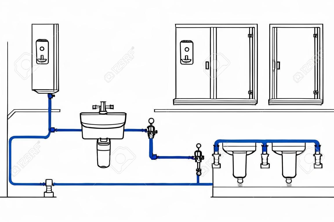 Illustration of a public toilet room with a detailed layout of the supply networks of water supply and sanitation. Monochrome image except supply pipelines. Vector on a white background