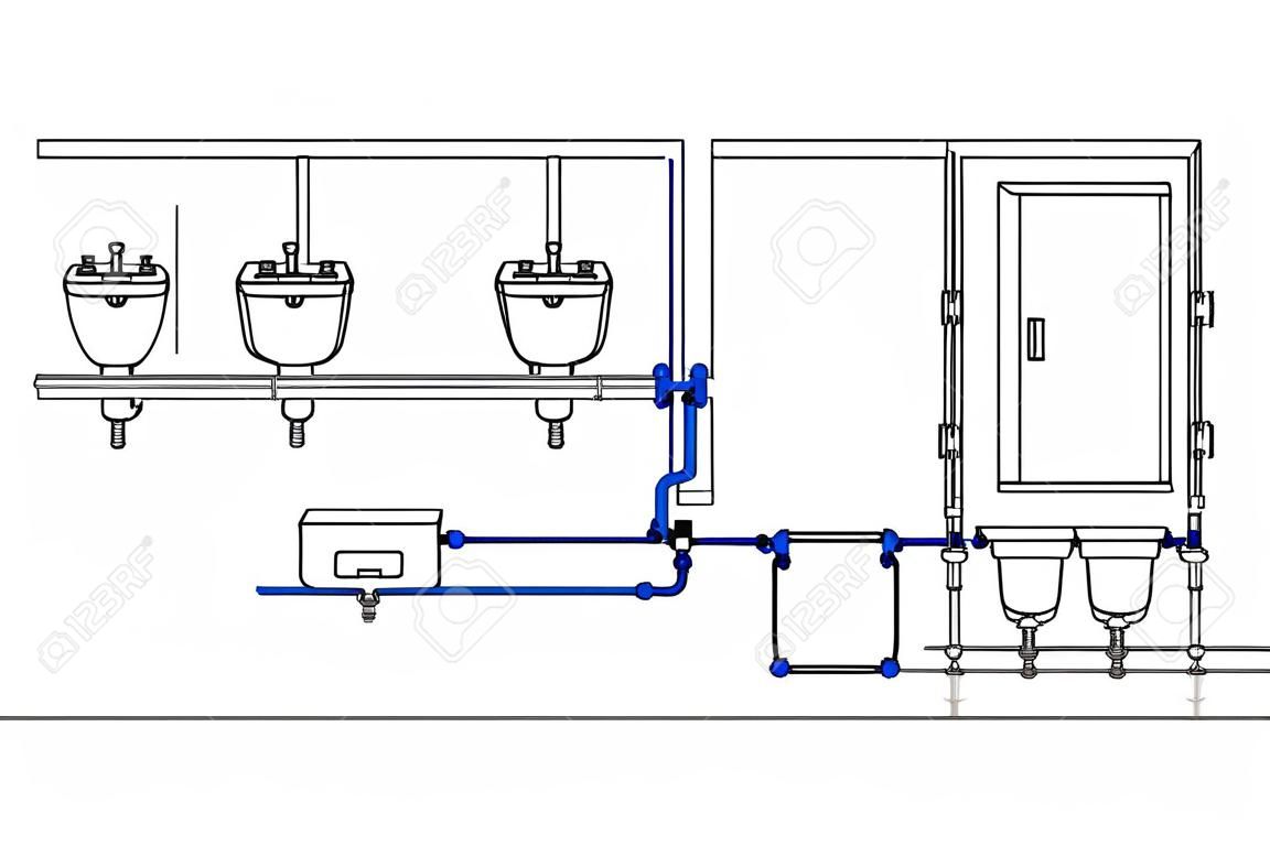 Illustration of a public toilet room with a detailed layout of the supply networks of water supply and sanitation. Monochrome image except supply pipelines. Vector on a white background