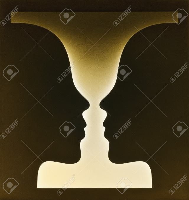 Optical illusion with vase and face profile silhouettes. Gestalt psychology test identifying goblet figure or human profile from background