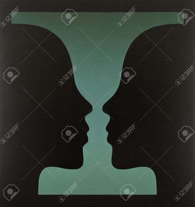 Optical illusion with vase and face profile silhouettes. Gestalt psychology test identifying goblet figure or human profile from background