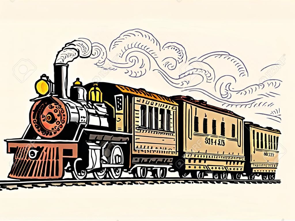 annata incisa, disegnata a mano, vecchia locomotiva o treno con vapore sulla ferrovia americana. retro trasporto.