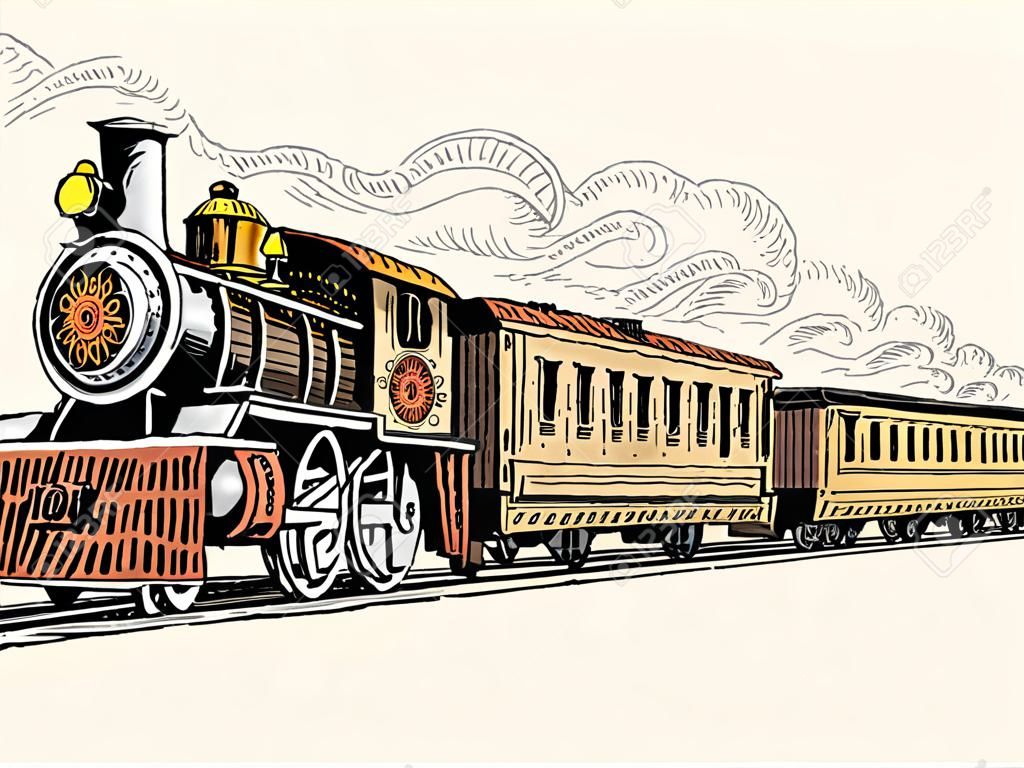 engraved vintage, hand drawn, old locomotive or train with steam on american railway. retro transport.