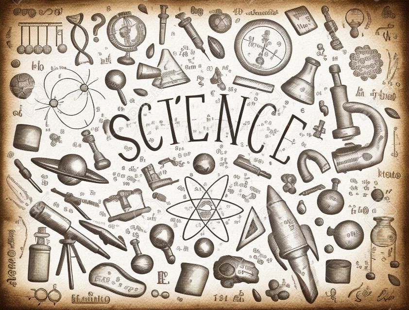 오래 된 스케치와 빈티지 스타일에서 그린 새겨진 손. 물리학 및 수학, 화학 및 생물학 또는 화이트 보드의 천문학에서의 과학적 공식 및 계산. 교육 및 과학.