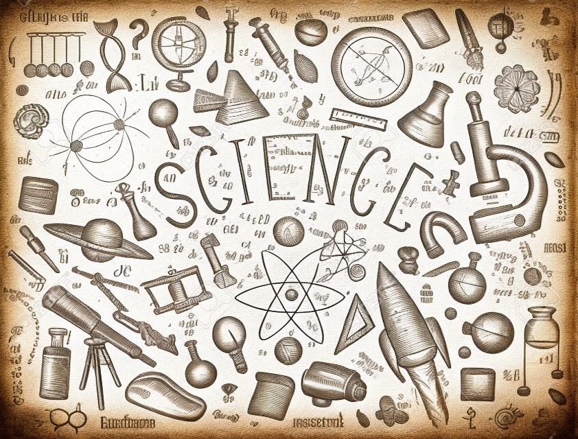 Mano grabada dibujada en antiguo esbozo y estilo vintage. Fórmulas científicas y cálculos en física y matemáticas, química y biología o astronomía en la pizarra. Educación y Ciencia.
