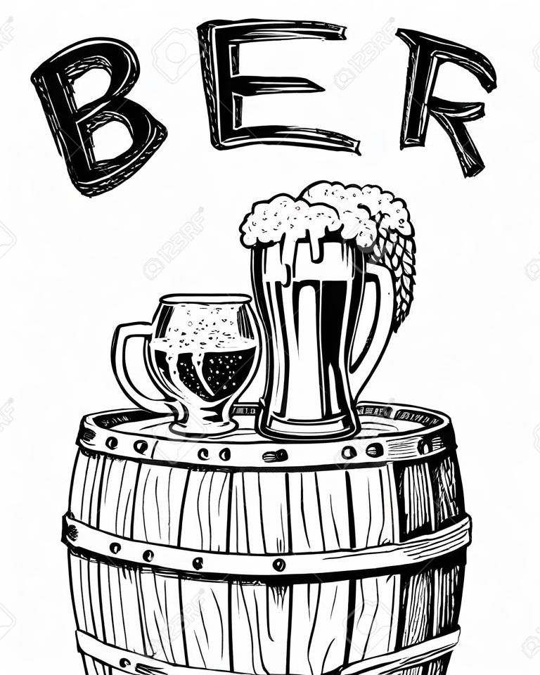 beer classical wooden barrels for Logo or emblem and banner. engraved in ink hand drawn in old sketch and vintage style for web or pub menu. design of oktoberfest.