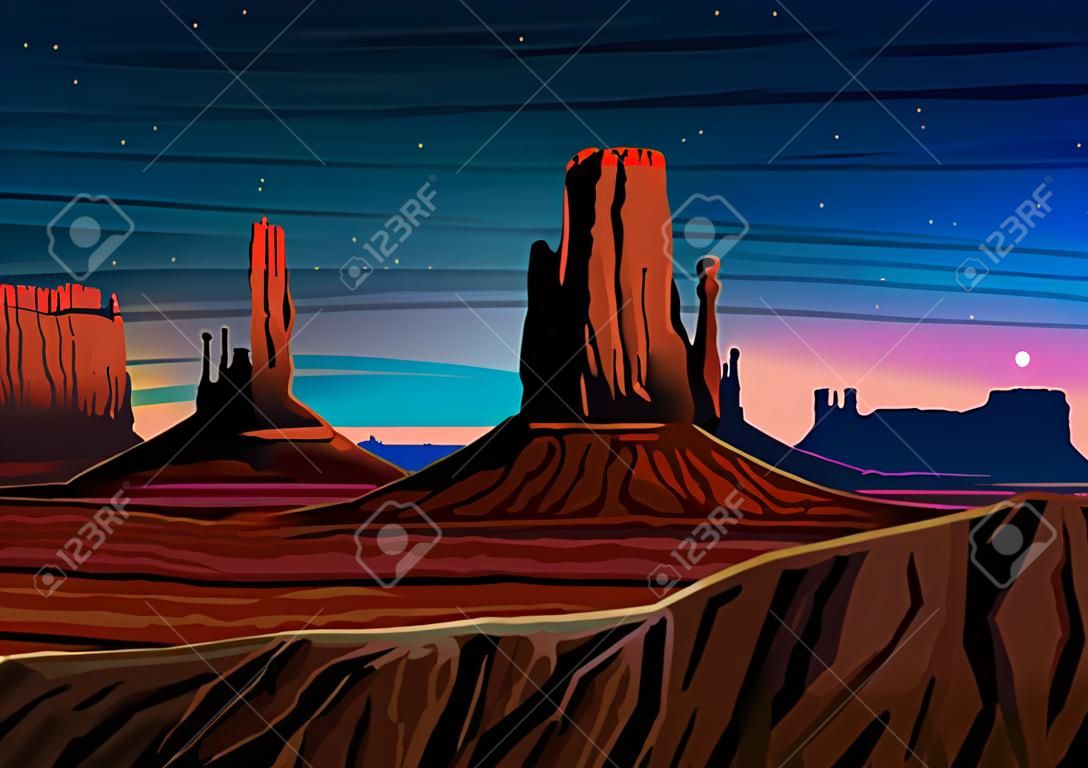 Горы и долина монументов, ночной панорамный вид, пики, пейзаж рано утром. путешествия или кемпинг, скалолазание, векторные иллюстрации для веб-сайта или баннера. Открытые вершины холмов, Хантс-Меса, Аризона.