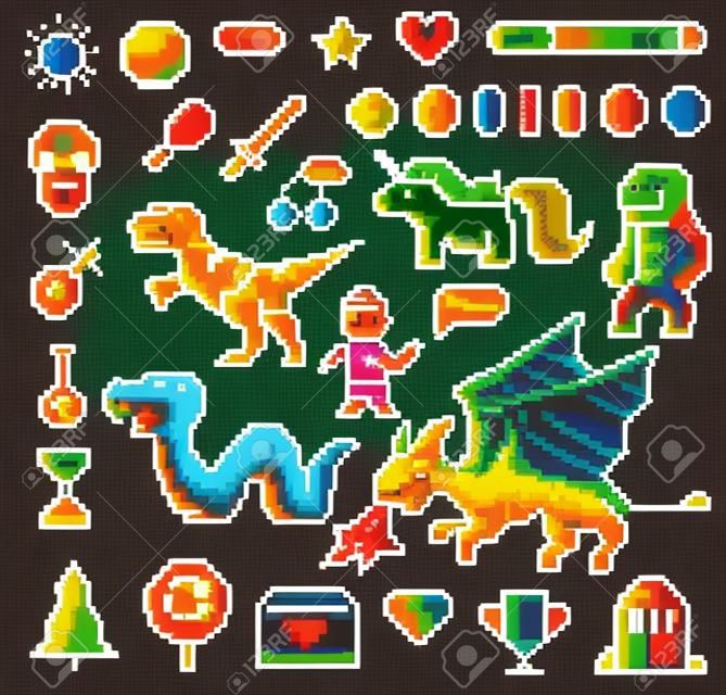 ピクセルアート 8 ビットオブジェクト。レトロなゲームアセット。アイコンのセット。ヴィンテージコンピュータビデオアーケード。キャラクター恐竜ポニー虹ユニコーンヘビドラゴンモンキーとコイン、勝者のトロフィー。ベクトルの図