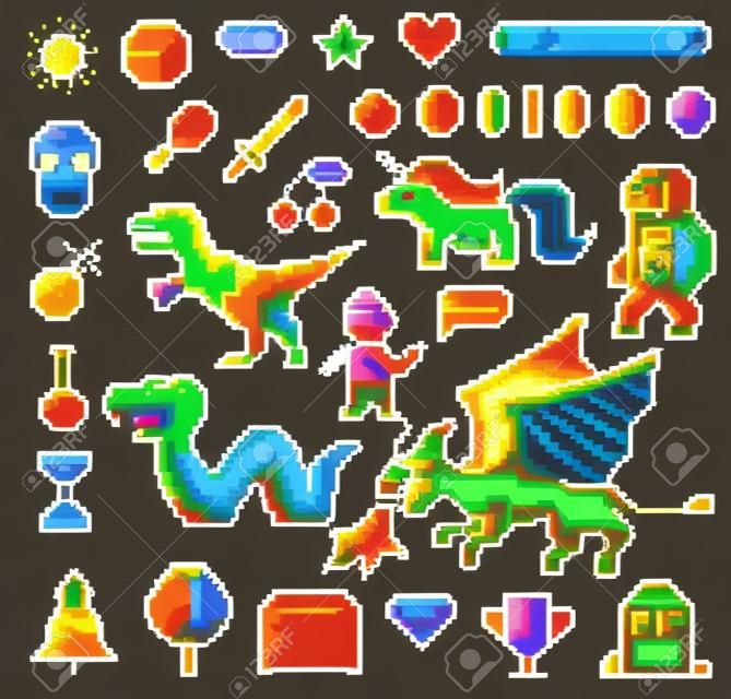 Oggetti pixel art a 8 bit. Risorse di gioco retrò. Set di icone. sale giochi per computer vintage. personaggi dinosauro pony arcobaleno unicorno serpente drago scimmia e monete, trofeo del vincitore. illustrazione vettoriale