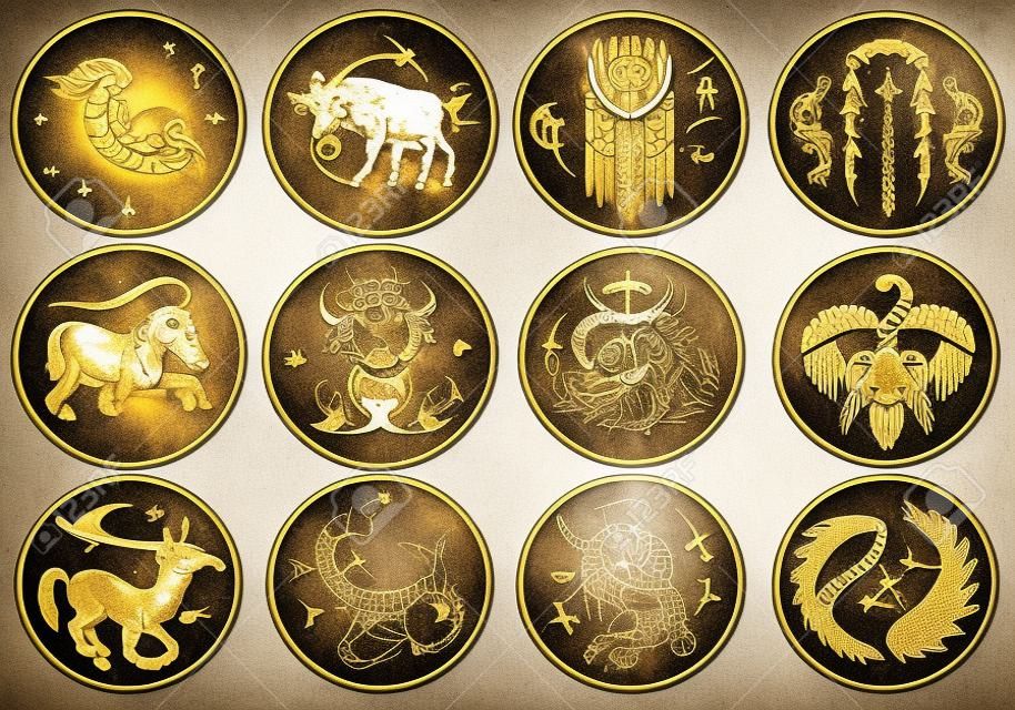 Zodiac icons. Astrology horoscope with signs. Calendar template. Collection outline animals. Vintage style. Libra Scorpio Sagittarius Capricorn Aquarius Pisces. Aries Taurus Gemini Cancer Leo Virgo