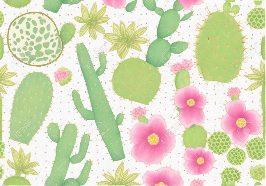 Cactus Seamless pattern and flowers. Cozy cute elements. Collection of tropical succulents and plants in vintage doodle style. Engraved hand drawn background for wall texture, banner, web site, cards