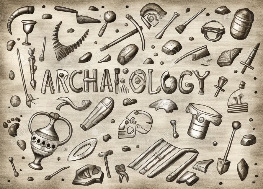 Set di strumenti di archeologia, attrezzature scientifiche, manufatti. Fossili scavati e ossa antiche. Stile di schizzo Doodle disegnato a mano.