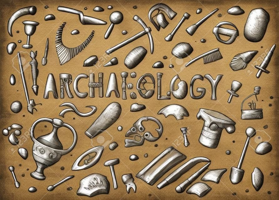 Set di strumenti di archeologia, attrezzature scientifiche, manufatti. Fossili scavati e ossa antiche. Stile di schizzo Doodle disegnato a mano.