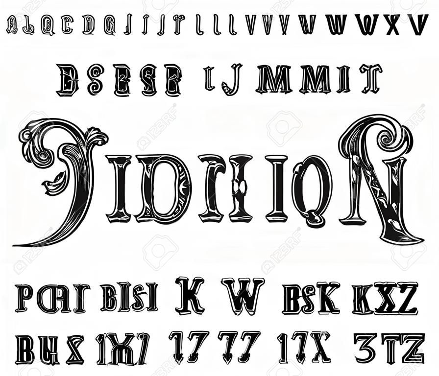 Victorian alphabet in ancient style. Antique old Font. Vintage typeface in black colors, editable and layered. Hand drawn Vector modern letters.