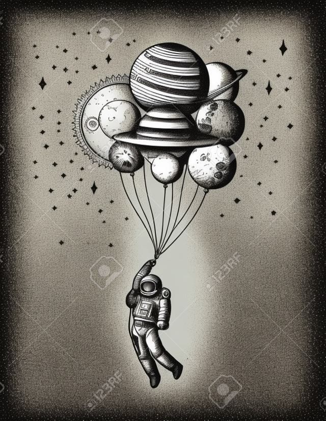 Soaring Spaceman. Astronaut with planets. Balloons in space. Man in the solar system. Engraved hand drawn Old sketch in vintage style.