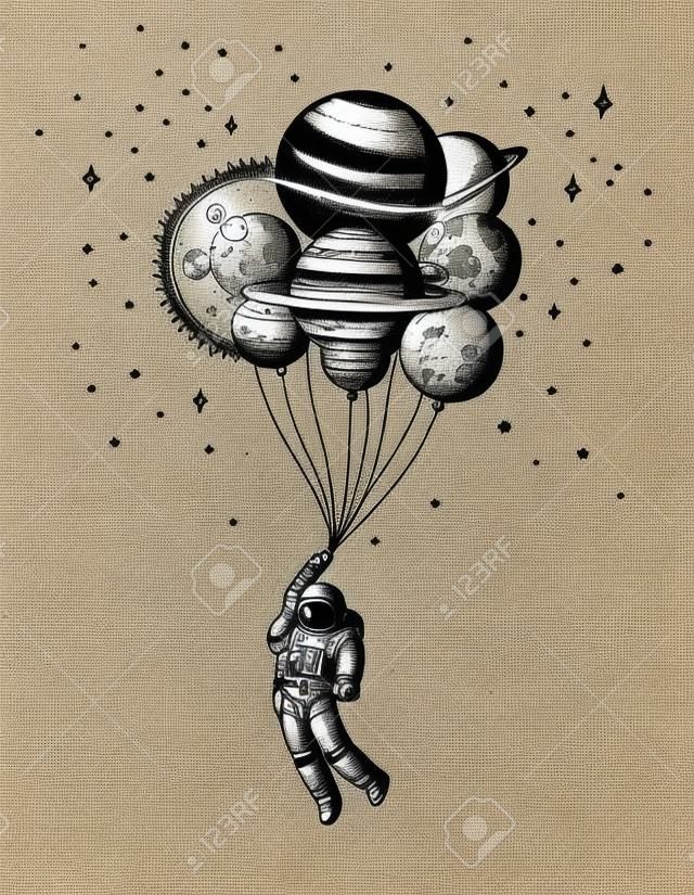 Szybujący kosmonauta. Astronauta z planetami. Balony w kosmosie. Człowiek w Układzie Słonecznym. Grawerowane ręcznie rysowane stary szkic w stylu vintage.