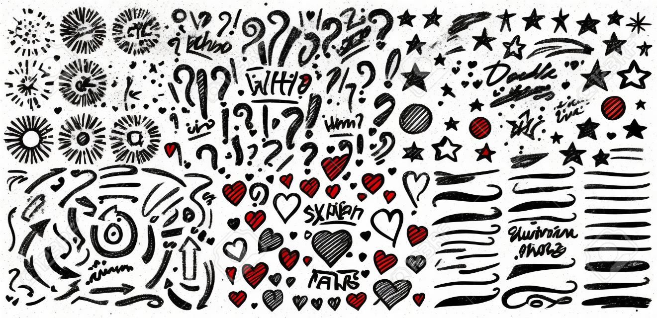 Question exclamation mark, underline and hearts, Star and Marker Brush, artistic lines and strokes. Collection of icons and signs Why. Hand drawn Doodle sketch. Abstract Chaotic grunge Elements.