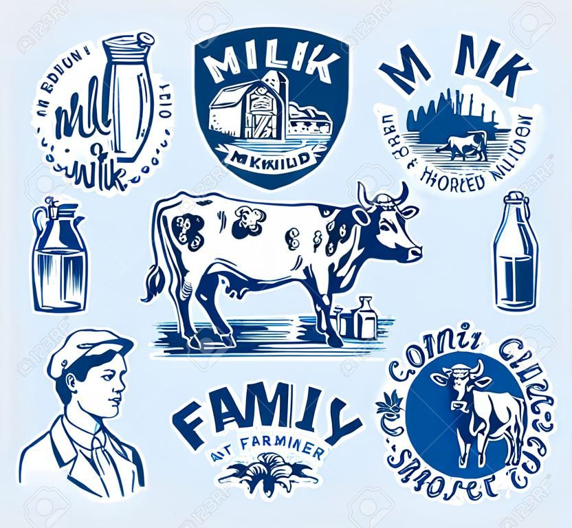 Ensemble de lait. Vache et agricultrice, laitière et cruche, tache et bouteilles, emballage et prairie, l'homme tient un verre. Logo vintage pour boutique. Insigne pour les t-shirts. Croquis de gravure dessiné à la main. Illustration vectorielle.
