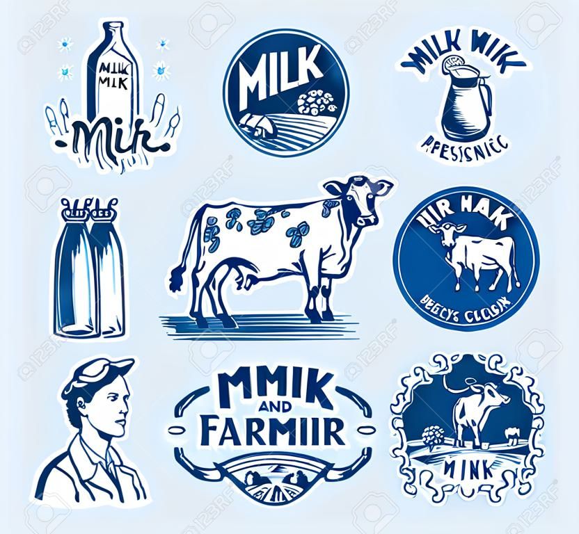 ミルクセット。牛と女性の農夫、乳搾り女と水差し、しみと瓶、包装と牧草地、男はグラスを持っています。ショップのヴィンテージロゴ。 Tシャツのバッジ。手描きの彫刻スケッチ。ベクトルイラスト。