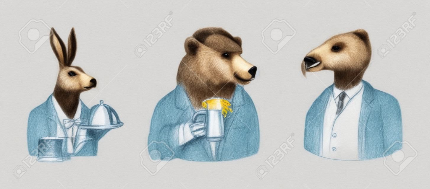 Niedźwiedź grizzly z kuflem piwa. ptak kelner zając lub królik. modny zwierzęcy charakter. ręcznie rysowane szkic.