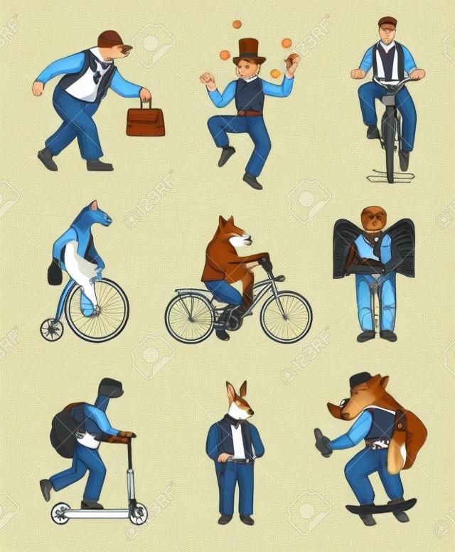 Fox on a bicycle, Cat juggler, turtle on a scooter. Bear, horse, hare, Owl, Squid. Fashion Animal characters set. Hand drawn sketch. Vector engraved illustration for label, logo and T-shirts.