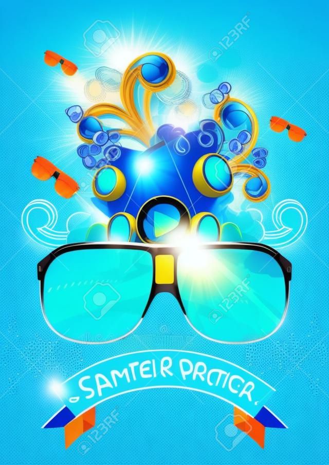 Векторные Summer Beach Party Flyer Design с динамиками и солнцезащитные очки на синем фоне. Eps10 иллюстрации.