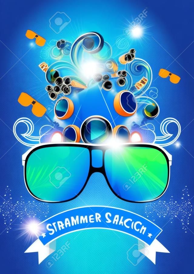 Vector Summer Beach Party Flyer con altavoces y gafas de sol sobre fondo azul. Eps10 ilustración.