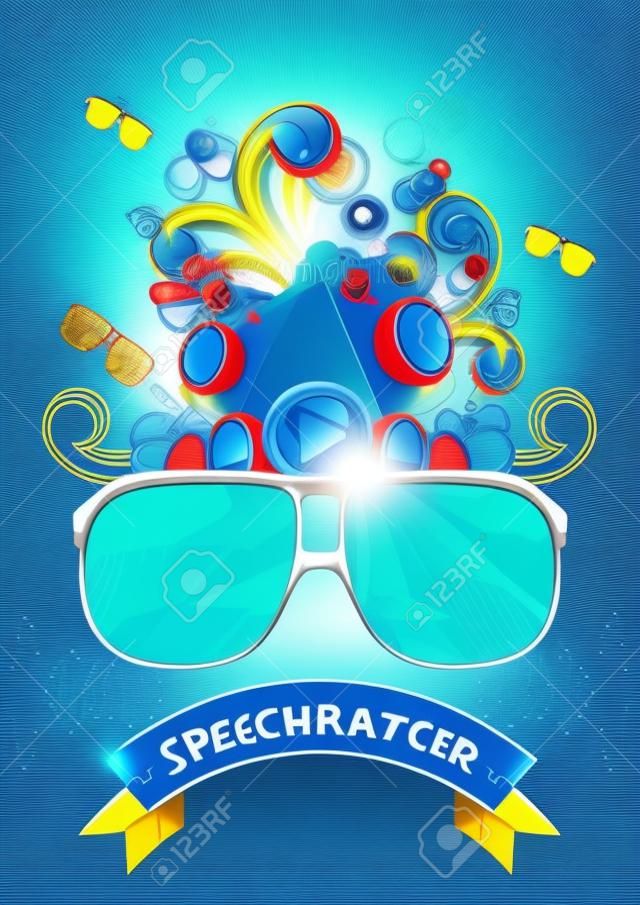 Vector Summer Beach Party Flyer Design com alto-falantes e óculos de sol no fundo azul. Eps10 ilustração.