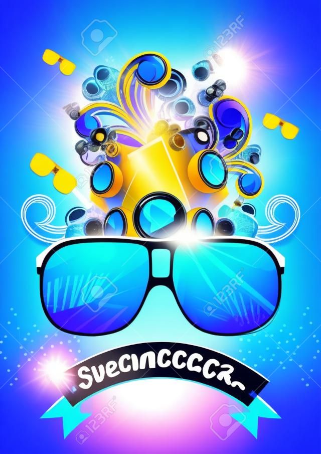 Vektorgrafik Summer Beach Party Flyer mit Lautsprechern und Sonnenbrille auf blauem Hintergrund. Eps10.
