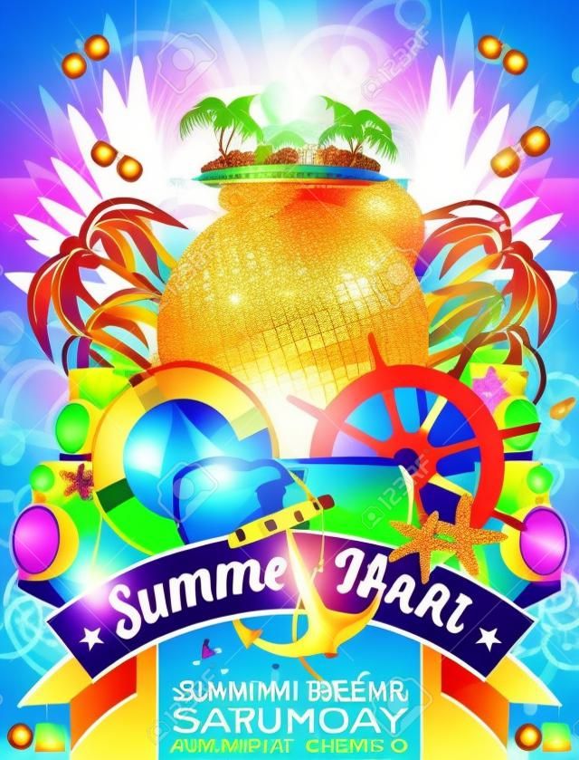 夏日海灘派對傳單設計與熱帶背景迪斯科球和航運要素。