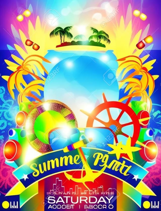 Summer Beach Party Flyer Design com bola de discoteca e elementos de transporte em fundo tropical.
