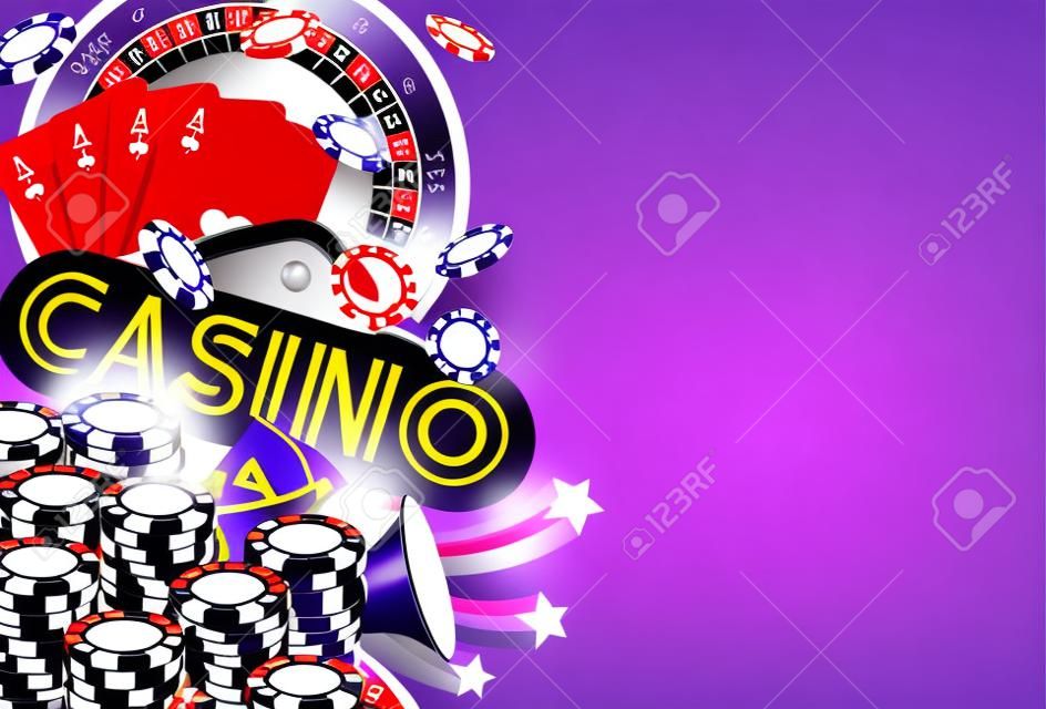 Иллюстрация казино с колесом рулетки и игральными фишками на фиолетовом фоне. Векторный дизайн азартных игр с покерными картами и кубиками для приглашения или промо-баннера.