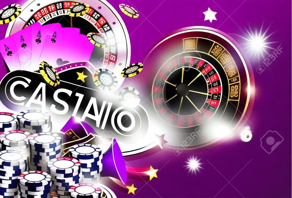 Ilustração de cassino com roleta e jogando fichas no fundo violeta. Design de jogo vetorial com cartões de poker e dados para convite ou banner promocional.