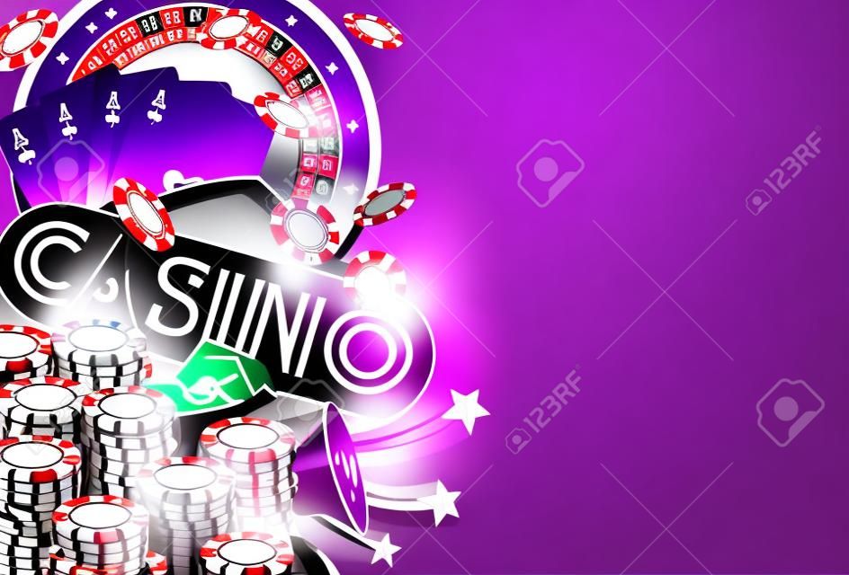 Illustrazione del casinò con la ruota della roulette e giocare i chip su fondo viola. Disegno di gioco vettoriale con carte da poker e dadi per banner di invito o promozionale.