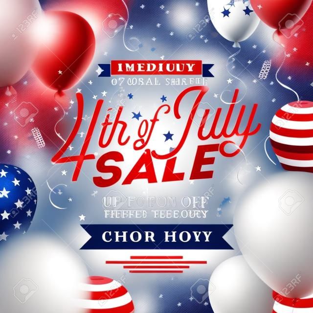 Fourth of July. Independence Day Sale Banner Design with Balloon on Confetti Background. USA National Holiday Vector Illustration with Special Offer Typography Elements for Coupon, Voucher, Banner, Flyer, Promotional Poster or greeting card.