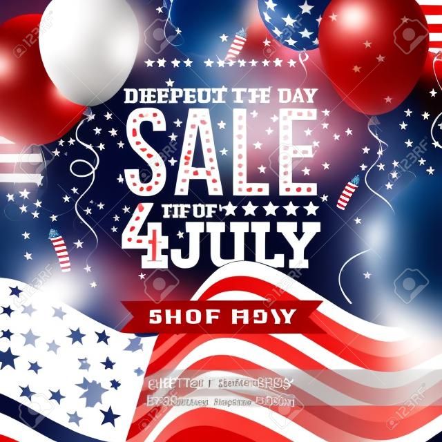 Fourth of July. Independence Day Sale Banner Design with Balloon and Flag on Confetti Background. USA National Holiday Vector Illustration with Special Offer Typography Elements for Coupon, Voucher, Banner, Flyer, Promotional Poster or greeting card.
