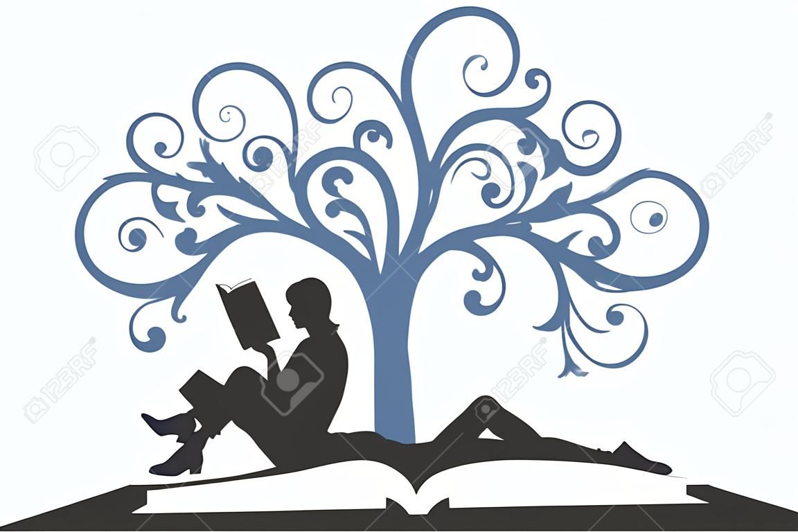 illustration of a couple sitting on a book, reading under a tree on a white background